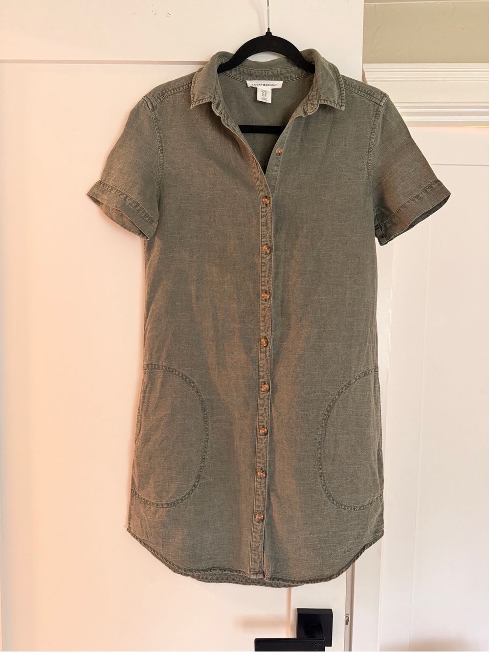 Lucky Brand Olive Green Short Sleeve Button-Down Shirt Dress